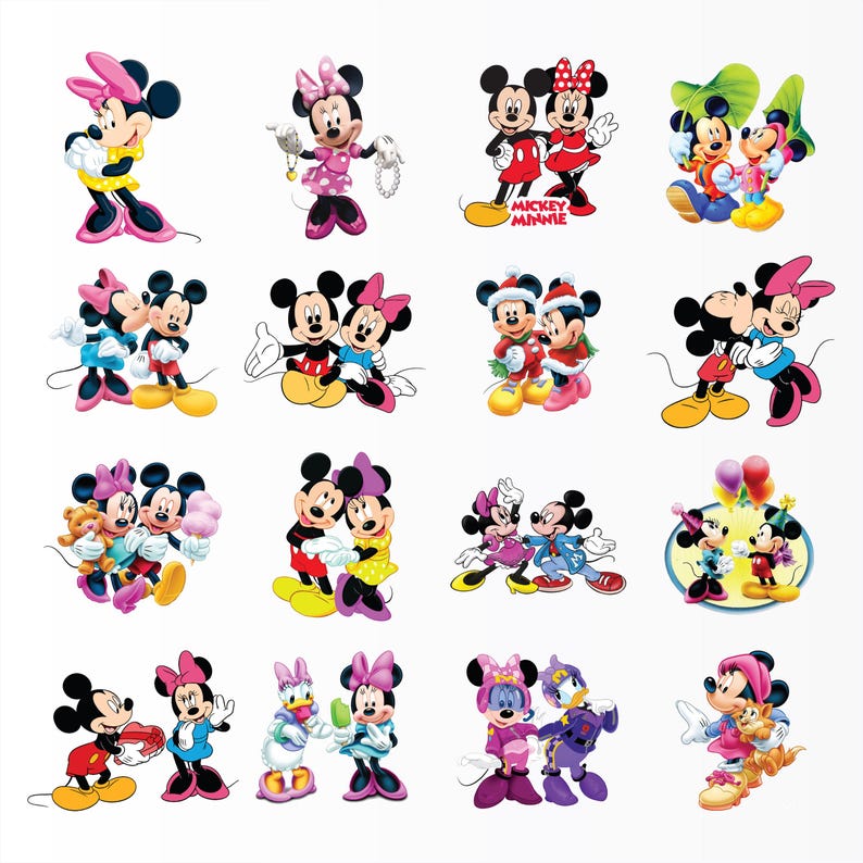 May include: A collection of sixteen individual graphic illustrations featuring Mickey Mouse and Minnie Mouse in various poses, outfits, and activities, including holding balloons, wearing winter clothing, and interacting with other characters.