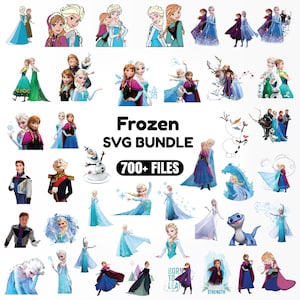 Puede incluir: Una colección digital de archivos SVG de Frozen con varias ilustraciones de Elsa, Anna, Olaf, Kristoff y Sven. El texto central dice Frozen SVG BUNDLE 700+ FILES. Las imágenes incluyen personajes en diversas poses, atuendos y estilos artísticos.