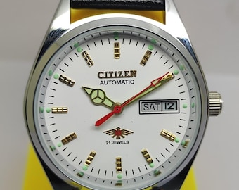 Montre Citizen automatique vintage : 21 rubis, cadran blanc, bracelet en cuir, mouvement japonais remis à neuf