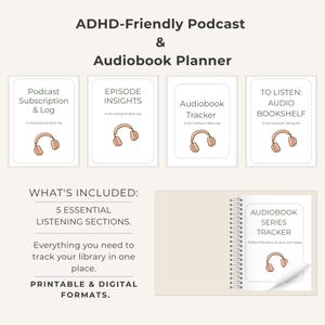 ADHD Podcast Planner, Audiobook Tracker, Digital Reading Log, Minimalist ADHD Planner, Podcast Subscription Log, ADHD Friendly Planner.