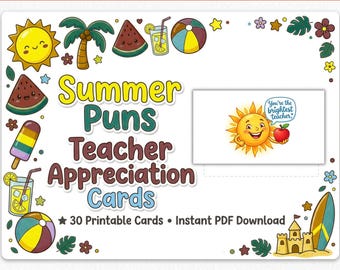 Tarjetas de agradecimiento para profesores con juegos de palabras veraniegos / Notas divertidas para profesores / Descarga en PDF imprimible
