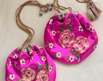 Hand painted Satin Potli Bag, Bright Pink, Boho Purse, Rakhi, Festive, Indian Wedding