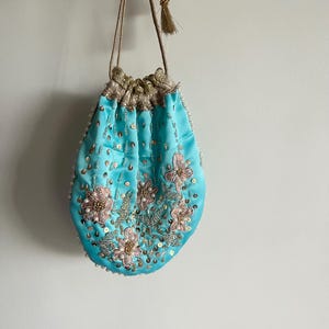 Aqua Blue Satin Potli Bag, Hand beaded bag, Indian Wedding Purse