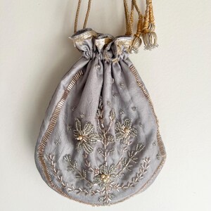 Hand Beaded Silk Potli Bag, Silver Gray and antique gold, Ethnic Purse, Indian Wedding