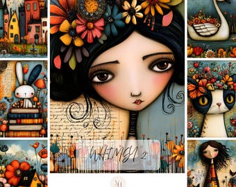 Op de afbeelding: Een digitale collage van zeven grillige illustraties met een centraal portret van een persoon met donker haar versierd met kleurrijke bloemen, een zwaan, een kat, een konijn op boeken, huizen en de tekst WHIMSY 2 en 100 JOURNAL IMAGES.