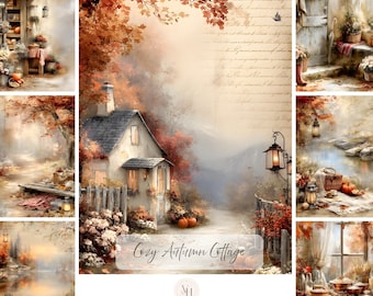Op de afbeelding: Een digitale collectie van 200 journal-afbeeldingen met herfstachtige cottage-scènes, herfstbladeren, rustieke huizen, pompoenen en lantaarns. De tekst Cozy Autumn Cottage staat centraal, met 300 DPI en Portrait Images tekst eronder.