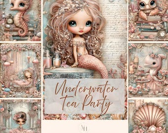 Op de afbeelding: Een collage van grillige illustraties met een zeemeermin, zeepaardje en andere zeedieren. De afbeeldingen zijn in zachte pastelkleuren met de tekst "Underwater Tea Party" en "100 Journal Images - Portrait Images -."