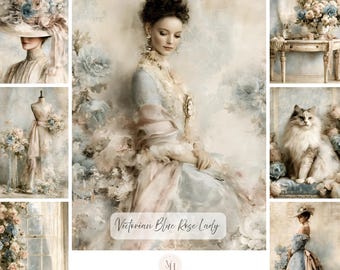 Op de afbeelding: Een digitale collage van 100 journal-afbeeldingen met het thema Victorian Blue Rose Lady. De collectie bevat portretten van personen in historische kleding, bloemstukken, een kat en een paspop, allemaal in zachte blauwe en crèmetinten.