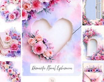 Romantische bloemenmotieven voor je junk journal, printbaar papier in pastelroze, Valentijnsbriefpapierpakket, minimalistische decoratie, liefdesgroeten