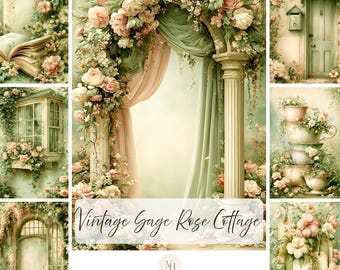 Op de afbeelding: Een digitale collectie van 100 journal-afbeeldingen getiteld Vintage Gage Rose Cottage, met zachte pastelillustraties van bloemenbogen, open boeken, tuindeuren, ramen en gestapelde theekopjes versierd met rozen in roze en groene tinten.