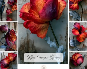 Op de afbeelding: Een verzameling digitale afbeeldingen met levendige rode, oranje en paarse bloemen met getextureerde bloemblaadjes en grijsblauwe stelen. De centrale afbeelding bevat de tekst Gothic Crimson Blooms, 75 Journal Images, Portrait Images en 300 DPI.