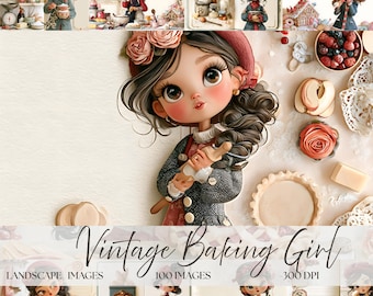 Op de afbeelding: Een digitale illustratie van een personage met donker golvend haar, een rode baret met roze bloemen, een grijze jas met textuur en een rood schort. Het personage houdt een houten deegroller vast. Omringd door een taartbodem, bessen en kanten details.