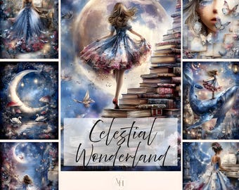 Op de afbeelding: Een verzameling digitale kunstprints met een hemels thema. De afbeeldingen tonen vrouwen in vloeiende jurken, manen, boeken en grillige elementen. De tekst "Celestial Wonderland" en "100 Journal Images" is zichtbaar.