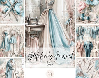 Op de afbeelding: Een collage van afbeeldingen met naai- en modethema's. Bevat een paspop met een blauw en crèmekleurige jurk, pakken, jurken, naai-instrumenten en de tekst "Stitcher's Journal Vol. 2". Het kleurenpalet is zacht, met pastelblauw, roze en crème.