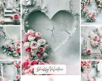 Op de afbeelding: Een collectie van 95 digitale journalafbeeldingen met gebarsten witte pleistermuren met hartvormige uitsparingen en arrangementen van roze en witte rozen. De tekst Shabby Valentine, 95 JOURNAL IMAGES, POTRAIT IMAGES en 300 DPI is zichtbaar.