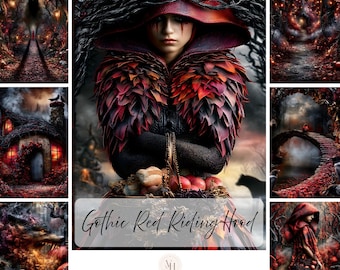 Op de afbeelding: Een digitale kunstcollectie met 100 journal-afbeeldingen getiteld Gothic Red Riding Hood. De centrale afbeelding toont een figuur in een rode capuchonmantel met een bladvormige kraag, die een mand met appels vasthoudt. De omliggende panelen tonen donkere bospaden, een huisje, een wolf en een brug, alles in een rood en zwart kleurenpalet.