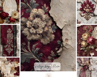 Op de afbeelding: Een digitale collectie van 115 journal-afbeeldingen getiteld Vintage Royal Plum, met versleten texturen, afbladderend pleisterwerk en bloemmotieven in diepe bordeauxrode, crèmekleurige en gouden tinten, gepresenteerd in een collage van verweerde ontwerpen.