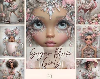 Op de afbeelding: Een collage van digitale kunstafbeeldingen met grillige meisjes in pastelkleuren. De centrale afbeelding toont een poppenachtig gezicht met grote blauwe ogen en uitgebreide versieringen. De tekst "Sugar Plum Girls" en "100 Journal Images" is ook zichtbaar.