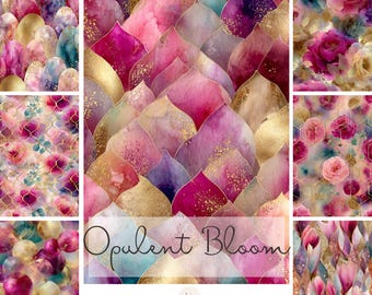 Op de afbeelding: Een collage van aquarel bloemen en abstracte ontwerpen in roze, goud en paarse tinten. De tekst "Opulent Bloom" staat in cursief. De afbeelding bevat ook de tekst "100 Journal Images - Portrait Images-".