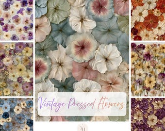 Op de afbeelding: Een verzameling geperste bloemen in diverse tinten blauw, roze, wit, oranje en paars. De afbeelding bevat de tekst "Vintage Pressed Flowers" en "100 JOURNAL IMAGES - POTRAIT IMAGES - 300 DPI" weergegeven over een florale achtergrond.