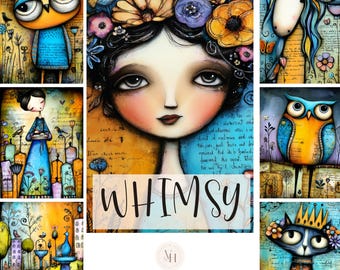 Op de afbeelding: Een verzameling grillige portretfoto's. De centrale afbeelding toont een vrouw met bloemen in het haar. Andere afbeeldingen zijn een uil, een kat met een kroon en een paard met lang blauw haar. Het woord "WHIMSY" wordt weergegeven.