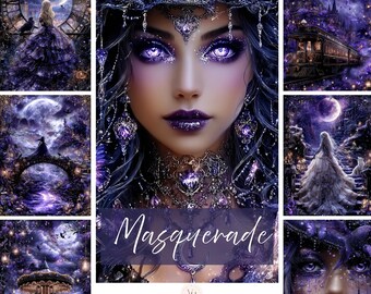 Op de afbeelding: Een digitale kunstcollage met een centraal portret van een vrouw met paarse make-up en sieraden. Het woord "Masquerade" is in cursief geschreven. Omringende afbeeldingen zijn onder meer een carrousel, een trein en figuren in jurken, allemaal in paarse tinten.