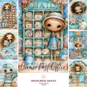 May include: A digital collection of 100 journal images titled Ocean Post Office, featuring whimsical illustrations of large-eyed characters in coastal settings, including a mail sorting station, a lighthouse, and sea creatures like octopuses.