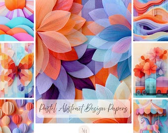 Op de afbeelding: Een collectie digitaal papier met abstracte pastelontwerpen, waaronder gelaagde bloemenpatronen, een vlinder, een draaimolen en geometrische vormen. De tekst luidt Pastel Abstract Design Papers, 150 JOURNAL IMAGES, POTRAIT IMAGES, 300 DPI.