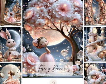 Op de afbeelding: Een collectie van 60 journal-afbeeldingen getiteld Fairy Dreams, met dromerige scènes van een figuur in een roze jurk, grote lichtroze bloemen, een reusachtig wit konijn, een boekenboog, een klokkentoren en een nachtelijke hemel.