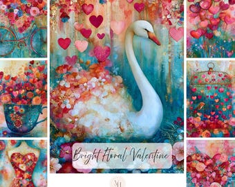 Op de afbeelding: Een digitale collage met een witte zwaan omringd door roze en rode harten en bloemen, een fiets met een bloemenmand, een theekop gevuld met harten, een vogelkooi en een paspop, met de tekst Bright Floral Valentine.