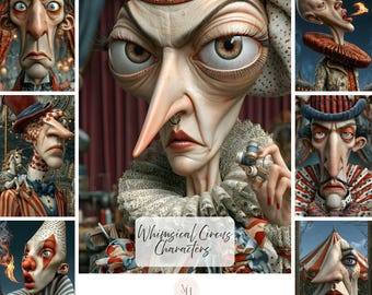 Op de afbeelding: Een verzameling van 150 digitale journalafbeeldingen met gestileerde circusfiguren met overdreven gelaatstrekken, gekleed in uitgebreide kostuums, kragen en hoeden, met de tekst Whimsical Circus Characters en 150 JOURNAL IMAGES - POTRAIT IMAGES - 300 DPI.