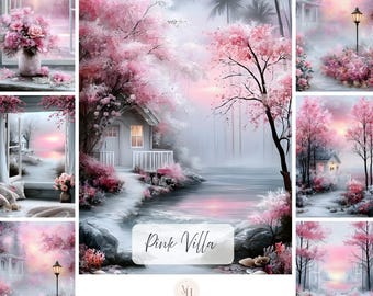 Op de afbeelding: Een digitale collectie van 100 journal-afbeeldingen met een roze villa, bloeiende kersenbomen, serene merenlandschappen en zachte zonsondergangen. De kunstwerken tonen diverse scènes van huizen, bloemstukken en tuinpaden in roze tinten.