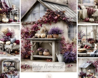 Op de afbeelding: Een digitale collectie van 125 journal-afbeeldingen getiteld Vintage Plum Harvest, met scènes van rustieke houten tafels, tuinconstructies, pompoenen, herfstbladeren, bloemstukken en gezellige interieurs in tinten van pruim en paars.