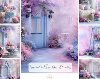 Op de afbeelding: Een collectie van 100 digitale journal-afbeeldingen getiteld Lavender Blue Rose Dreams, met zacht gefocuste scènes van pastelkleurige paarse en blauwe bloementuinen, zitgedeeltes buiten en architecturale details in een dromerige esthetiek.