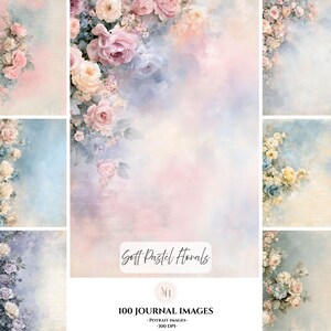 May include: A collection of digital backgrounds featuring soft pastel floral arrangements in shades of pink, blue, and cream. The images display painterly rose clusters with blended, hazy textures. Text reads Soft Pastel Florals, 100 JOURNAL IMAGES.