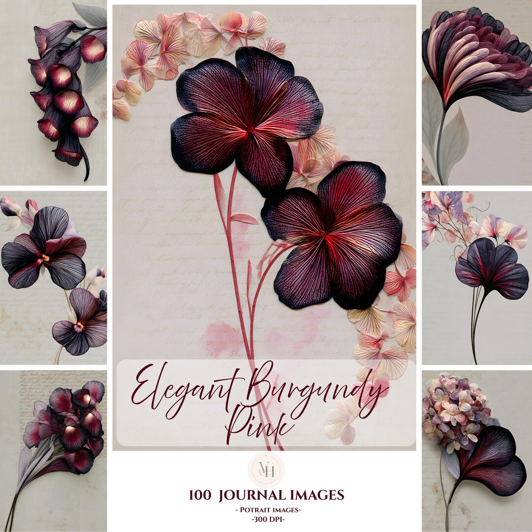 Burgundy Pink Floral Junk Journal Paper, Dark Botanical Scrapbook Pages ...