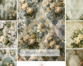 Op de afbeelding: Een collectie digitaal papier met vintage bloemenpatronen, damastmotieven en verweerde texturen in tinten crème, saliegroen en gedempt blauw. De set bevat 100 journal-afbeeldingen met sierlijke kaders, barstende verfeffecten en rozen.