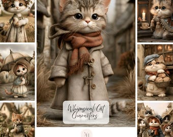 Op de afbeelding: Een collectie van 130 digitale journal-afbeeldingen met geïllustreerde kattenpersonages in jassen, sjaals en hoeden tegen dorpsachtergronden, met de tekst Whimsical Cat Characters en 130 JOURNAL IMAGES.