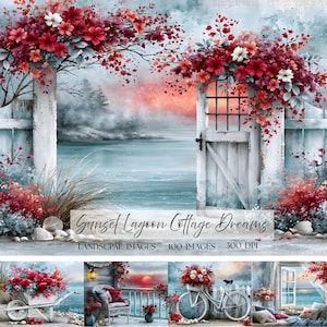 May include: A digital art collection featuring a white wooden gate adorned with red and white flowers overlooking a calm blue lagoon at sunset. The image includes the text Sunset Lagoon Cottage Dreams, Landscape Images, 100 Images, 300 DPI.