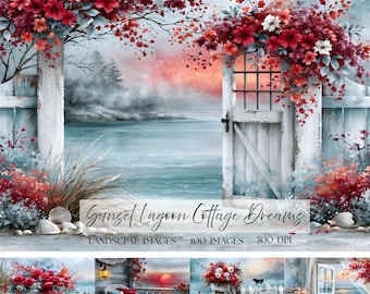 Op de afbeelding: Een digitale kunstcollectie met een witte houten poort versierd met rode en witte bloemen die uitkijkt over een kalme blauwe lagune bij zonsondergang. De afbeelding bevat de tekst Sunset Lagoon Cottage Dreams, Landscape Images, 100 Images, 300 DPI.