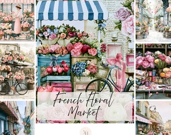 Op de afbeelding: Een digitale collage van Franse bloemenmarktscènes met aquarelillustraties van bloemenkramen, fietsen, parfumflesjes en handgeschreven tekst. De collectie bevat diverse arrangementen van roze, rode en blauwe bloemen met gestreepte luifels.