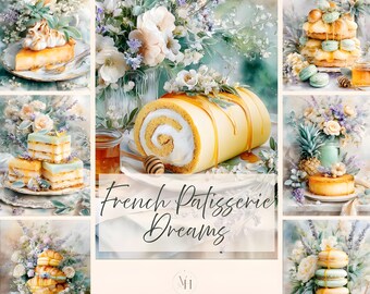 Op de afbeelding: Een collage van afbeeldingen met Franse patisserie, waaronder een Zwitserse rol, gelaagde cakes en macarons. De desserts zijn versierd met honing en bloemen, tegen een zachte, bloemrijke achtergrond. De tekst "French Patisserie Dreams" is zichtbaar.