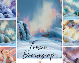 Op de afbeelding: Een verzameling van 100 digitale journalafbeeldingen met abstracte besneeuwde landschappen in pastelblauwe, roze en witte tinten. De centrale afbeelding toont de tekst Frozen Dreamscape, 100 JOURNAL IMAGES, - PORTRAIT IMAGES - 300 DPI.