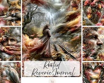 Op de afbeelding: Een digitale collectie genaamd Rooted Reverie Journal met 135 portretfoto's. De collage toont een vos, een persoon op een spoorlijn, een menselijk gezicht, een vogel, een bloemenhart en een bebaard gezicht, allemaal in herfsttinten.