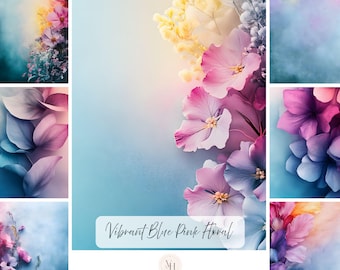 Op de afbeelding: Een digitale collectie van 100 journal-afbeeldingen met levendige blauwe en roze bloemstukken. De afbeeldingen tonen zacht gefocuste bloemblaadjes in tinten geel, lavendel en magenta tegen een blauwe gradiëntachtergrond met de tekst Vibrant Blue Pink Floral.
