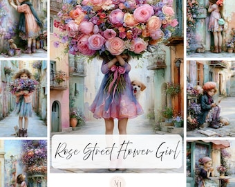 Op de afbeelding: Een digitale collage van 90 journal-afbeeldingen getiteld Rose Street Flower Girl, met illustraties van een kind in een jurk die grote boeketten roze en paarse rozen vasthoudt, tegen Europese straattaferelen met kleine honden en katten.