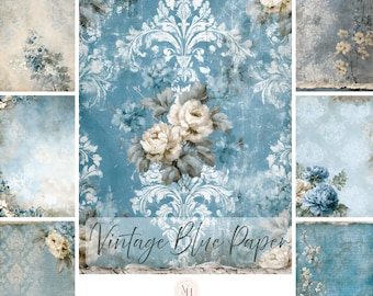 Op de afbeelding: Een collectie digitaal papier met vintage blauw-witte damastpatronen, verweerde texturen en bloemillustraties van rozen en pioenrozen. De centrale afbeelding toont de tekst Vintage Blue Paper, 110 Journal Images, 300 DPI.