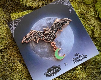 Verona Black x The Dwindling Hourglass Collab Pin, Crystal Bat Pin, Bat Pin, Crystal Pin, Halloween Pin, Moon Pin, Glow in the Dark Pin