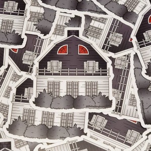 May include: A sticker featuring a black and white illustration of a house with a dark gray roof and red arched windows. The house has a white facade, a small balcony, and is surrounded by gray bushes. The sticker has the text "@dwindlinghours" on it.