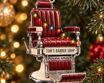 Personalisierter Vintage-Friseurstuhl-Anhänger aus Acryl mit individuellem Shopnamen und Weihnachtsbeleuchtung